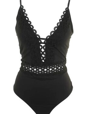 Becca Circles Rebecca Virtue Muse Black Swimsuit Crochet Plunge